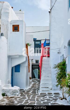 Greek Mykonos street on Mykonos island, Greece Stock Photo