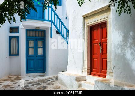 Greek Mykonos street on Mykonos island, Greece Stock Photo