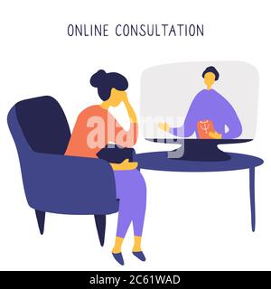 Woman sitting in chair in front of computer and talking to psychologist online. Remote psychological help, psychiatrist consulting patient. Mental Stock Vector
