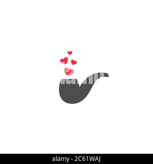 tobacco wood smoking pipe with red hearts silhouette icon. peace pipe. Stock Vector