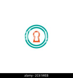 red hey hole in blue circle. line icon. Padlock, lock symbol isolated on white. Flat vector illustration. safety button. Pass word. Case. Stock Vector