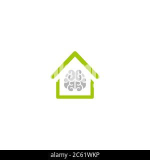 Green home with brain inside. Smart house concept. Creative building. Icon isolated on white. Apartment remote control. Eco friendly house. recycle an Stock Vector