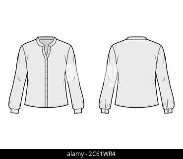 Women Shirt Dress with Mandarin Collar Flat Fashion Sketch Template.  Technical Fashion Illustration. Hidden Placket Blouse Stock Vector -  Illustration of draw, mandarin: 213776842