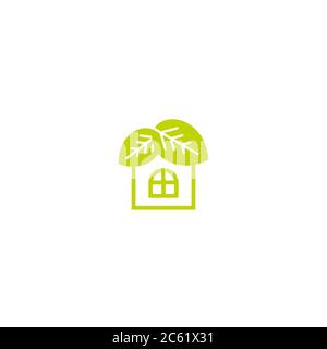 Flat green home with green leaf inside. Simple silhouette of the house with green roof and chimney. Icon isolated on white. Vector building symbol. Ec Stock Vector