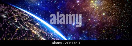 Global digital Network Telecommunication network above Earth viewed from space with connected system Stock Photo