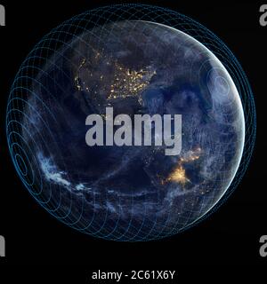 Global digital Network Telecommunication network above Earth viewed from space with connected system Stock Photo