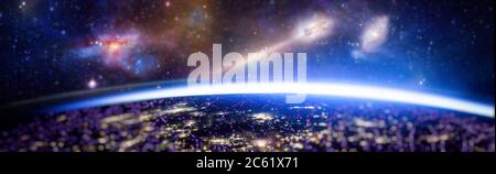 Global digital Network Telecommunication network above Earth viewed from space with connected system Stock Photo