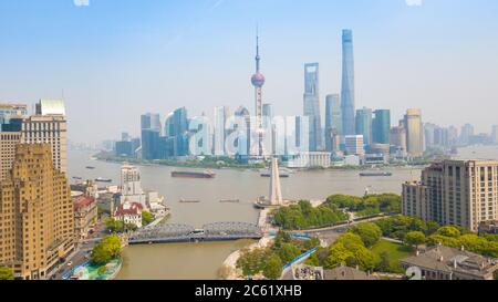 Aerial shot of Lujiazui, the financial district in Shanghai, China, at daylight. Stock Photo