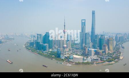 Aerial shot of Lujiazui, the financial district in Shanghai, China, at daylight. Stock Photo