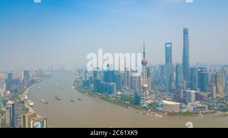 Aerial shot of Lujiazui, the financial district in Shanghai, China, at daylight. Stock Photo
