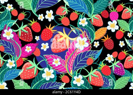 Seamless bright pattern of red strawberries on a dark background Stock Vector