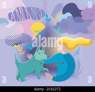 Vector illustration about friendship between dog and girl. Stock Vector