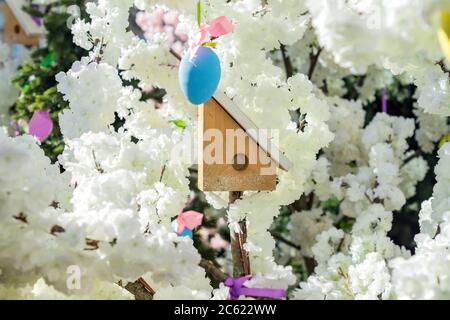 Wooden birds house on blooming apple tree. Garden a nd city spring decoration Stock Photo