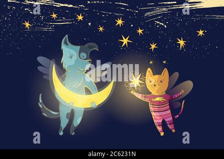 Vector children's fairy illustration with dreamy dog and cat, moon and star on a background of starry sky. Stock Vector