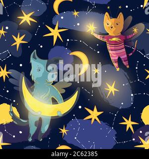 Vector seamless pattern for children with fairy dog, cat, moon, stars and constellations. Stock Vector