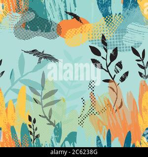 Vector seamless pattern with abstract plants, clouds and birds. Stock Vector