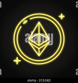Ethereum coin icon in neon line style. Cryptocurrency altcoin symbol. Vector illustration. Stock Vector