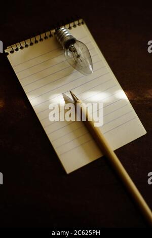 Blank notebook with pen and light bulb on a dark wooden table. Stock Photo