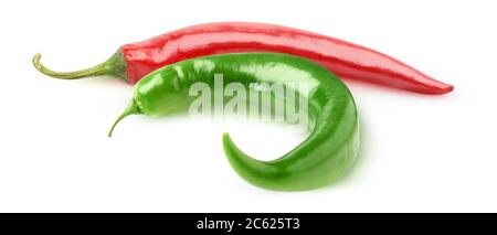 Isolated hot peppers. Red and green chili peppers of curved shape isolated on white background Stock Photo