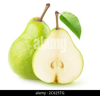 Isolated cut pears. One whole green pear and a half isolated on white background Stock Photo