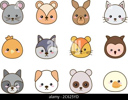 Cute cartoons line and fill style icon set design, Kawaii animals zoo life nature and character theme Vector illustration Stock Vector