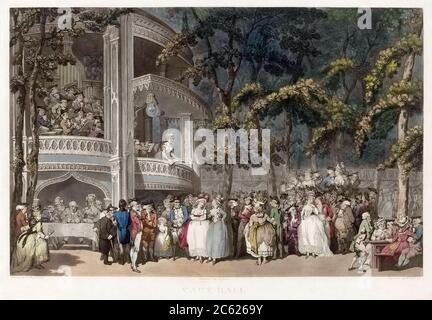 Vauxhall Gardens in London.  From an 18th century print by Robert Pollard after Thomas Rowlandson.  Several prominent people of the era appear in the picture, including, in the right foreground, the Prince of Wales (later King George IV) whispering to his mistress Perdita Robinson. Stock Photo