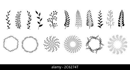 vintage set of hand drawn tree branches with leaves and flowers on white background Stock Vector