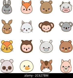 Cute Kawaii Animals Cartoons Line and Fill Style Icon Set Vector Design  Stock Vector - Illustration of animals, panda: 189574234