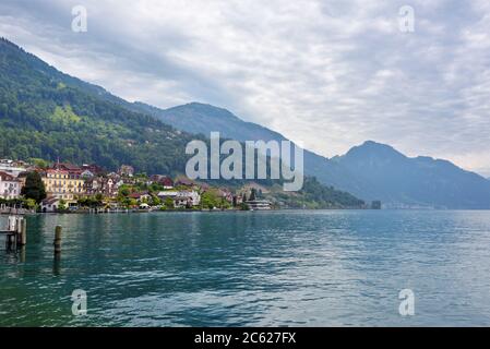 Vitznau, Switzerland - June 14, 2017: Beautiful view on the lake Luzern nearby city of Vitznau at morning time. Switzerland Stock Photo