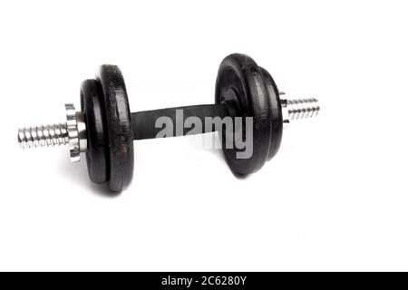 one fifteen pound black weight lifter's barbell isolated on white Stock Photo
