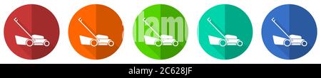 Lawn mower icon set, red, blue, green and orange flat design web buttons isolated on white background, vector illustration Stock Vector