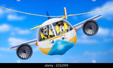 pilot and copilot dogs in cockpit cabin flying , landing or departing  for a summer vacation holiday  with funny airplane Stock Photo