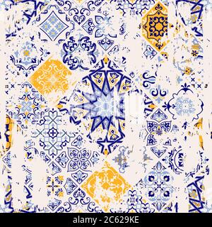 Seamless vintage pattern with an effect of attrition. Patchwork tiles. Hand drawn seamless abstract pattern from tiles. Portuguese and Spain decor. Stock Vector