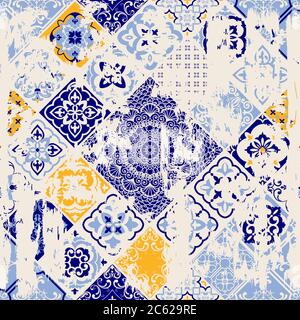 Seamless vintage pattern with an effect of attrition. Patchwork tiles. Hand drawn seamless abstract pattern from tiles. Portuguese and Spain decor. Stock Vector