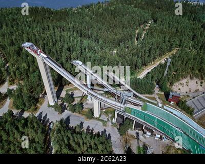 Aerial View of Ski Jump in Lahti City, Finland. On the background stadium. Stock Photo