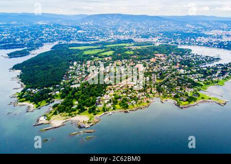 Bygdoy aerial panoramic view. Bygdoy peninsula situated on western side of Oslo city, Norway. Bygdoy is the home of five national museums as well as a Stock Photo