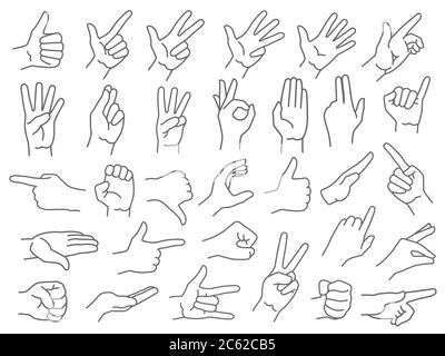 Line hands gestures. Like and dislike hand gesture icon, pointing finger and strong fist icons vector illustration set Stock Vector
