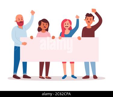 People activist. Four angry people holding protest banner manifestation isolated on white background. Activists holding a blank banner. Stock Vector