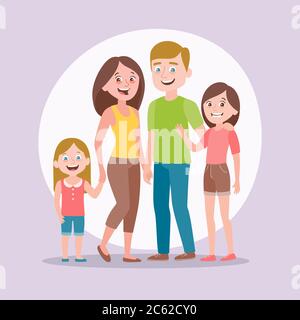 Cute family portrait. Mother, father and two daughters. Full lenght portrait of family members standing together. Vector illustration in cartoon style Stock Vector