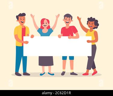 Happy young people holding a blank banner for text. Multiracial men and women group. Announcement banner for advertising. Teamwork concept. Flat carto Stock Vector