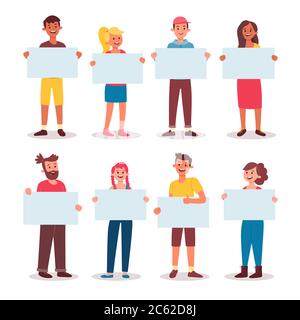 Collection of young people holding blank placards. Bundle of male and female full body cartoon character. Colorful vector illustration in flat style. Stock Vector