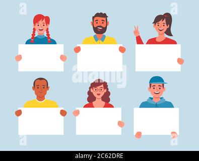 Collection of young people holding blank placards. Bundle of male and female cartoon characters. Colorful vector illustration in flat style. Stock Vector