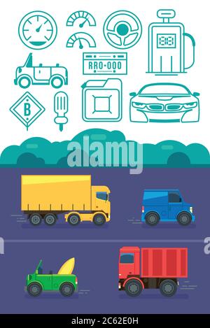 Vector retro car icon set. Flat design. Modern car icon isolated vector graphic. Stock Vector