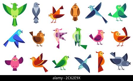 Flat birds. Flying chickadees bird, tweeting dove and wild sparrow. Wildlife animals vector illustration set Stock Vector