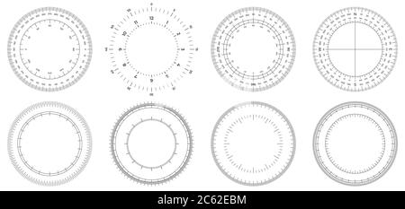 Round measuring circles. 360 degrees scale circle with lines, circular dial and scales meter vector set Stock Vector