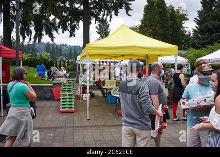 Vendors and shoppers at the Saturday Farmers Market in Lake Oswego, Oregon, on the 4th of July, 2020. Stock Photo