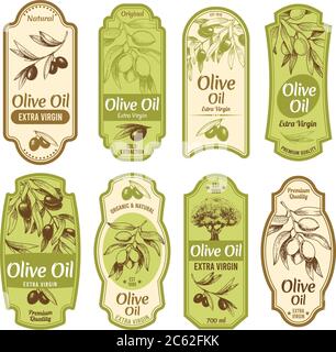 Olive oil label. Premium extra virgin oils, black olives on branches with leaves and hand drawn olive tree sketch vector illustration set Stock Vector