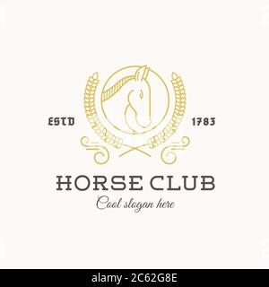 Horse Club Abstract Vector Logo Template Line Style with Typography. Stallion Head in a Circle. Laurel. Gold and Brown on Biege Background Stock Vector
