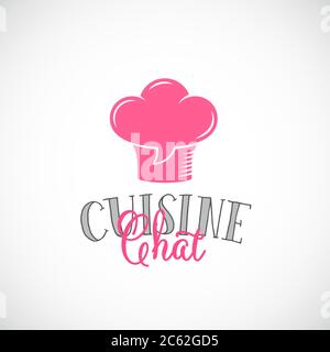 Cuisine Chat Abstract Vector Logo Template. Chef Hat Symbol Mixed with Talking Cloud or a Speech Bubble Sign. Fine Typography. Stock Vector