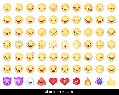 Emoticon emoji. Smiling, laughing yellow face, angry and sad, joy and cry expressions. Heart and kiss, devil and coronavirus vector icons Stock Vector